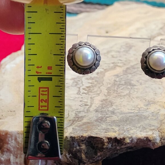 Sterling Silver Real Pearl Button Style Flower Petal Earrings - Picture 4 of 7